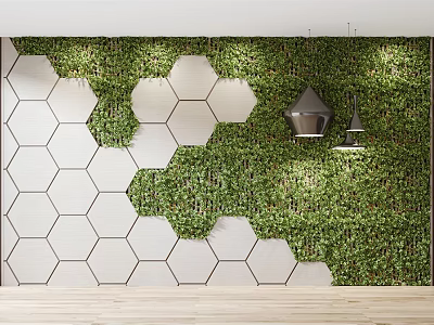 Green Plant Wall with White Hexagonal Panels and Metal Pendant Lights Interior Decor 3d model