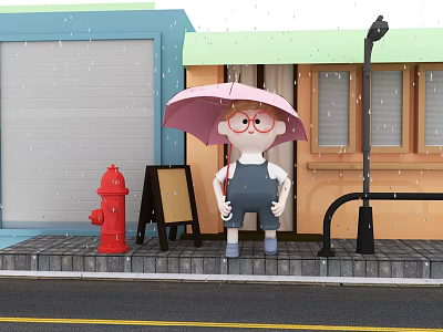 Game Movie Cartoon Character Wearing Glasses Holding Pink Umbrella on Rainy Street With Red Hydrant 3d model