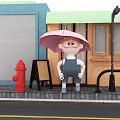 Game Movie Cartoon Character Wearing Glasses Holding Pink Umbrella on Rainy Street With Red Hydrant