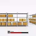 Organized Metal Storage Shelves With Multiple Layers Holding Yellow Boxes