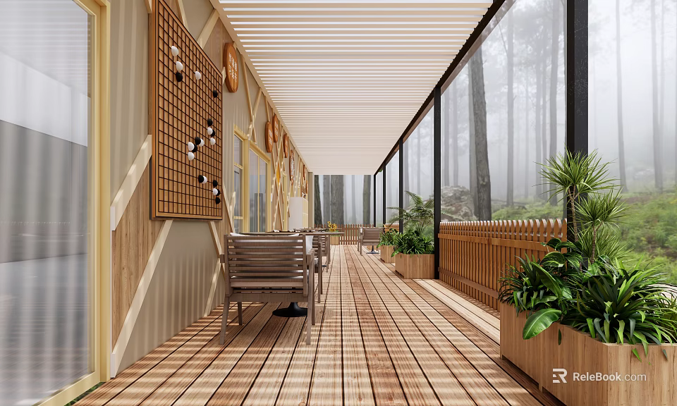 Cozy Hotel Chess Room With Wooden Floor Tables Chairs Green Plants And Misty Forest View 3d model 