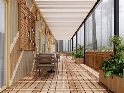 Cozy Hotel Chess Room With Wooden Floor Tables Chairs Green Plants And Misty Forest View 3d model