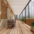 Cozy Hotel Chess Room With Wooden Floor Tables Chairs Green Plants And Misty Forest View