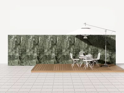 Building Exterior Wall Green Textured Stone With Wooden Deck White Table Chairs And Sunshade 3d model