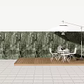 Building Exterior Wall Green Textured Stone With Wooden Deck White Table Chairs And Sunshade