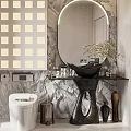 Modern Bathroom Interior With Marble Wall Round Mirror Black Vanity White Toilet And Shower Area