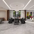 Modern Restaurant Interior With Dining Table Chairs Chandelier Large Windows And Green Plants
