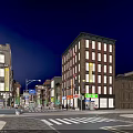 Vibrant Night View Commercial Street With Buildings On Both Sides Shop Signs Pedestrians And Vehicles