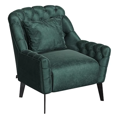 Green Velvet Accent Chair with Tufted Arms Decorative Pillow and Wooden Legs 3d model