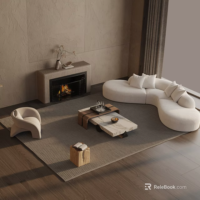 Curved White Sofa And Marble Coffee Table Set With Fireplace And Decorative Items In Living Room 3d model 