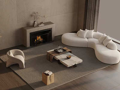 Curved White Sofa And Marble Coffee Table Set With Fireplace And Decorative Items In Living Room 3d model