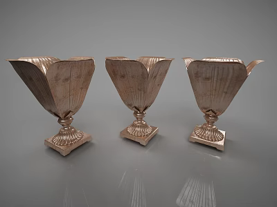 Three Metallic Vase Shaped Decorative Ornament Set With Textured Design And Square Base 3d model