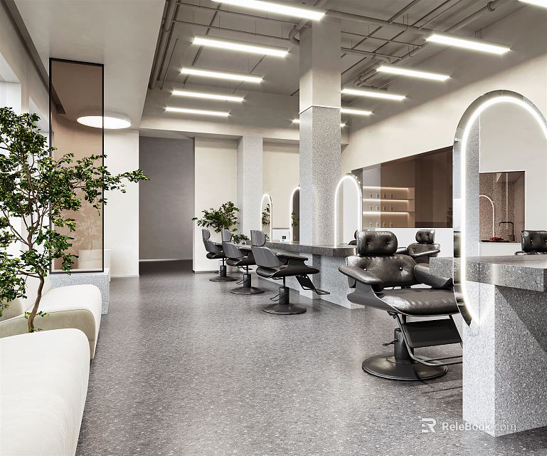 Modern Hair Salon Interior Design With Styling Chairs Mirrors Workstations And Green Plants 3d model 