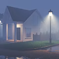 Scenic Evening Landscape With White House Wooden Fence Street Lamps Wet Ground And Foggy Atmosphere