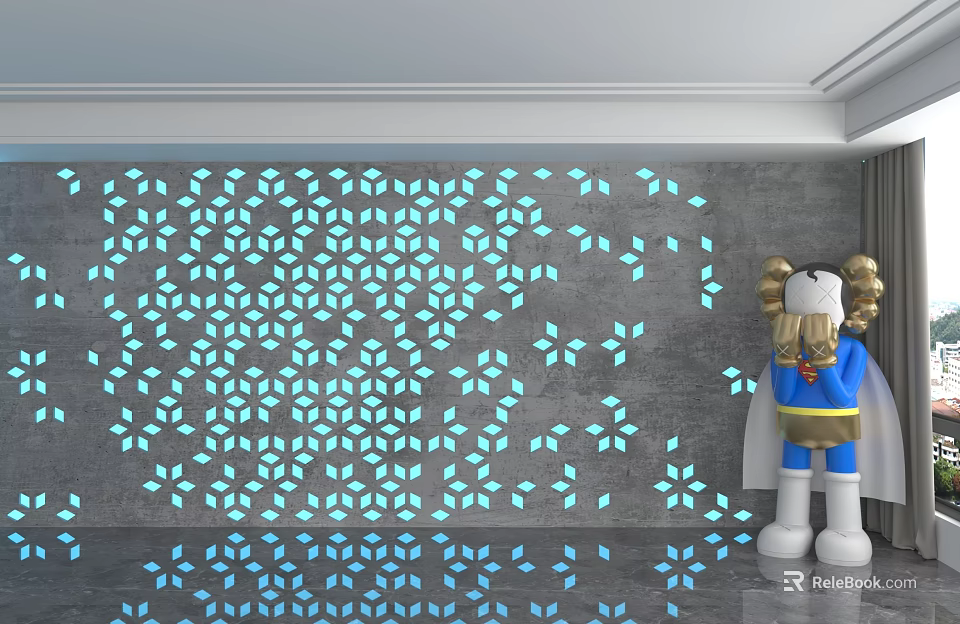 Gray Background Wall With Blue Geometric Patterns And Light Projection Design 3d model 