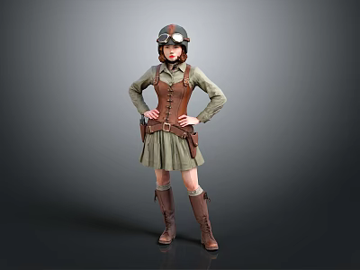 Vintage Aviator Style Living Apparel with Leather Vest Green Dress Boots Helmet and Goggles 3d model