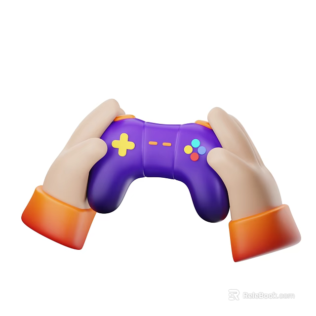 Commercial Game Controller Equipment Held by Hands Featuring Purple Design Yellow D-pad And Colorful Buttons 3d model 