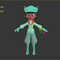 3D Game Movie Character With Cat Ears Wearing Hat Yellow Coat Red Collar Gray Pants