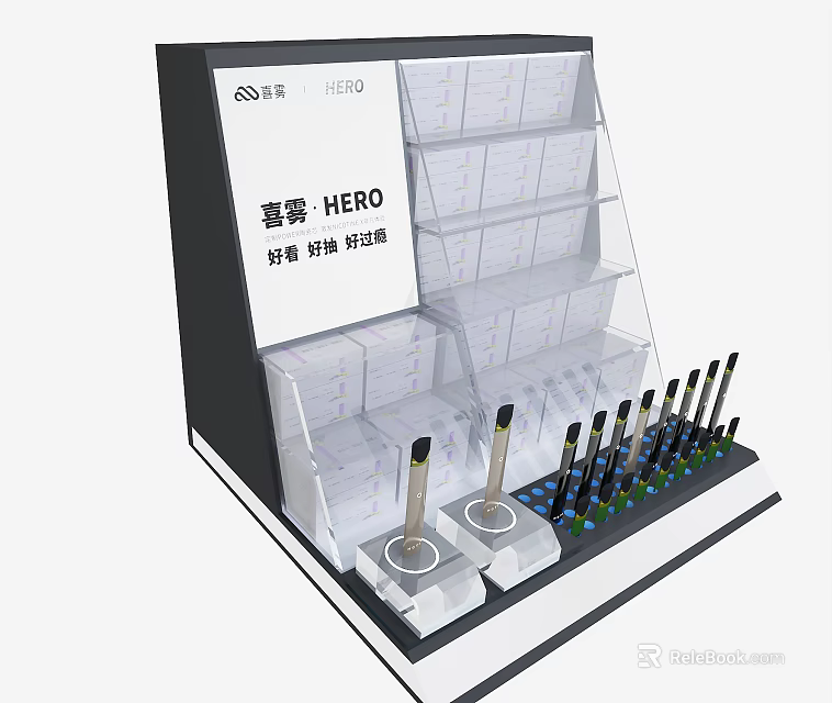Multi Layer Transparent Hero Display Shelf With Stationery Products And White Boxes 3d model 