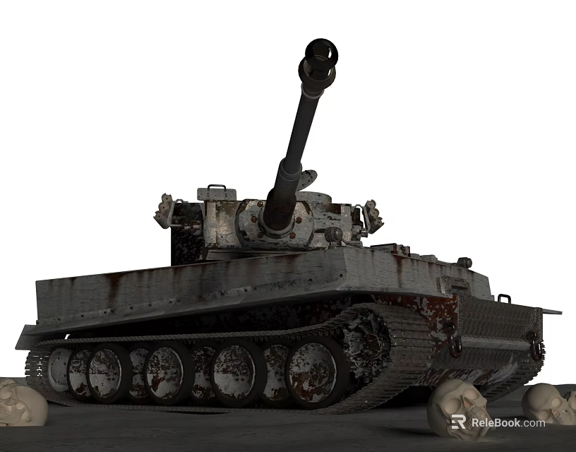 Vintage Rusted Military Tank Turret With Cannon And Skull Decorations On Ground 3d model 