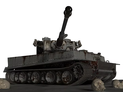 Vintage Rusted Military Tank Turret With Cannon And Skull Decorations On Ground 3d model