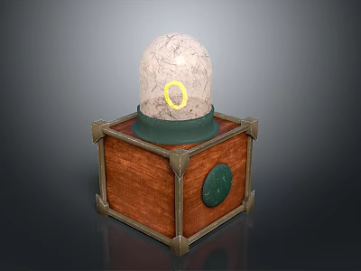 Wooden Box With Metal Corner Decorations Green Panel And Cracked Sphere 3d model
