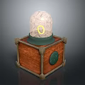 Wooden Box With Metal Corner Decorations Green Panel And Cracked Sphere