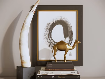 Elegant Ornament Decor Set With Golden Camel White Ivory Black Base Golden Frame Painting And Books 3d model