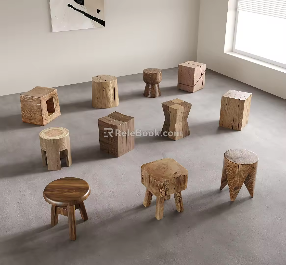 Quiet Wind Stool Round Stool Wooden Stool Shoe Changing Stool Small Low Stool 3d model