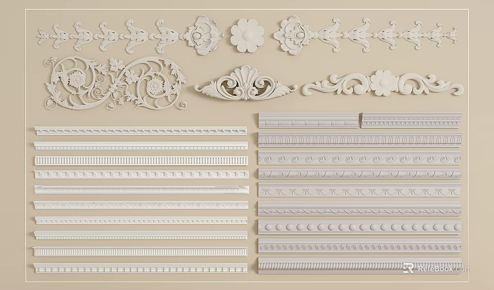 Decorative Carvings With Various Ornate Molding Patterns For Interior Design Elements 3d model