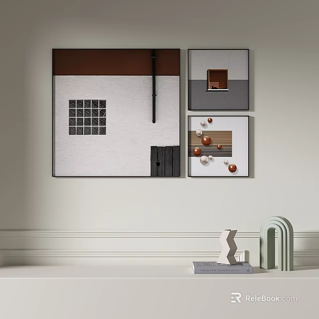 Modern Abstract Wall Art With Geometric Patterns Brown Gray Tones And Decorative Sculptures 3d model 