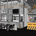 Modern Industrial Restaurant Interior With Dining Tables Open Kitchen Display Shelves And Decorative Lines