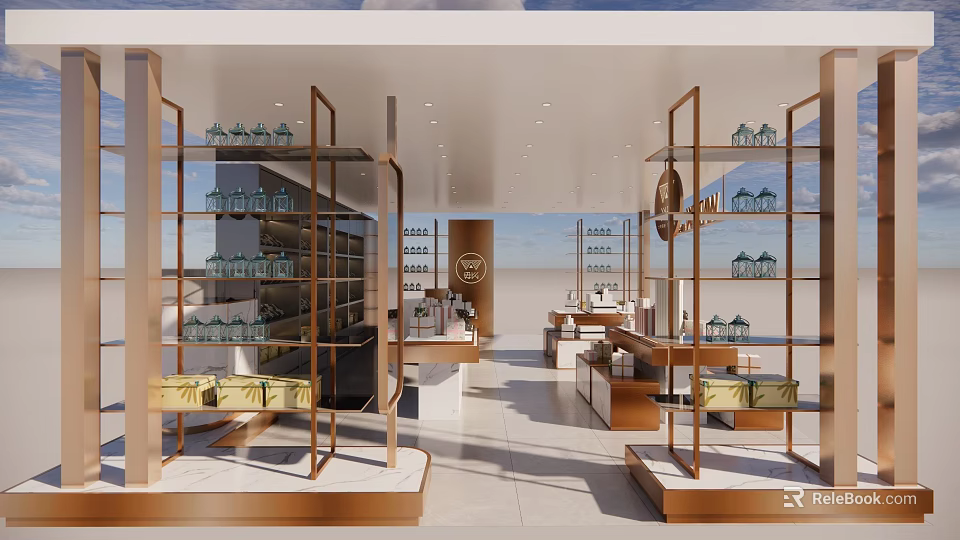 Modern Supermarket Department Store Interior With Glass Metal Shelves Displaying Daily Necessities And Skincare Products 3d model 