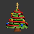 Green Layered Christmas Tree Decorated With Red Ribbons Colorful Balls And Golden Star