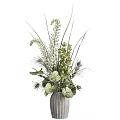 Decorative Bonsai Potted Plant With Green Leaves White Flowers And Grasses