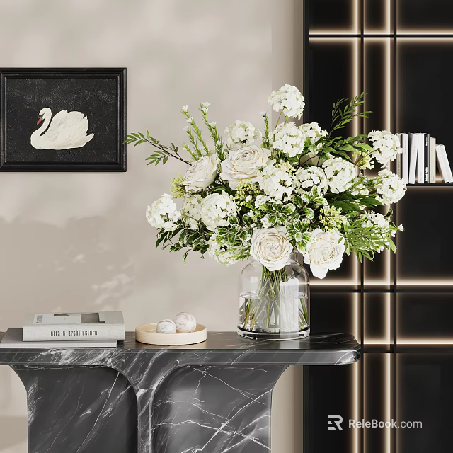 White Floral Arrangement In Glass Vase On Marble Table With Swan Painting And Books 3d model 