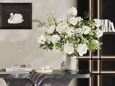 White Floral Arrangement In Glass Vase On Marble Table With Swan Painting And Books 3d model