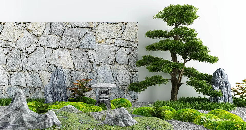 Serene Garden Ornamental Arrangement With Stone Wall Pine Tree Stone Lantern Rocks And Mossy Greenery 3d model 