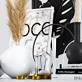 Stylish Decorative Ornament Set with Dried Pampas Grass Black White Vases Candle and Framed Artworks