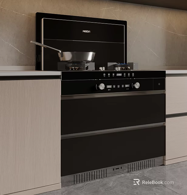 Modern Kitchen Interior Design With Black Stove Pan And Light Cabinets 3d model