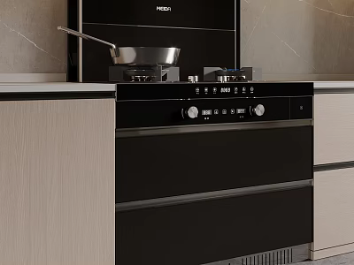 Modern Kitchen Interior Design With Black Stove Pan And Light Cabinets 3d model