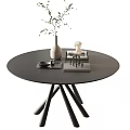 Round Black Dining Table Featuring White Vase Green Plant And White Statue Decor 3d model