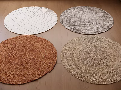 Various Round Rugs Woven Fluffy Styles in White Grey Brown Beige on Wooden Floor 3d model