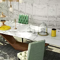 Stylish Dining Table Combination With Green Chairs Hanging Light And Artistic Wall 3d model