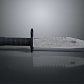 Tactical Military Knife With Black Textured Handle And Serrated Camouflage Blade