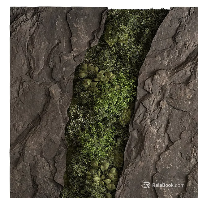 Lush Green Plant Wall With Vibrant Foliage Growing Between Gray Rock Structures 3d model 