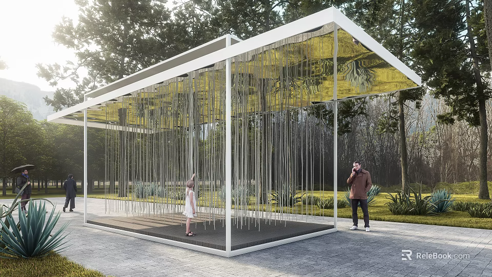 Modern Pergola With Hanging Metallic Strands In Outdoor Park Setting And People Relaxing 3d model 