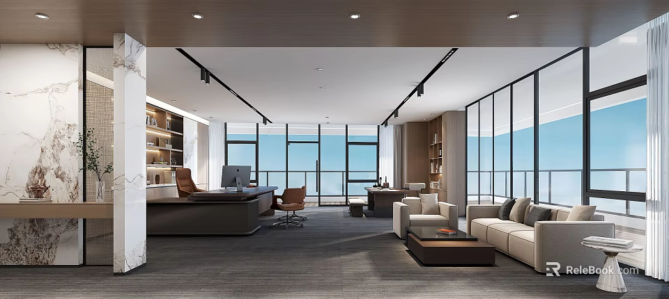 Modern Office Interior With Large Windows Executive Desk And Sofa Area 3d model