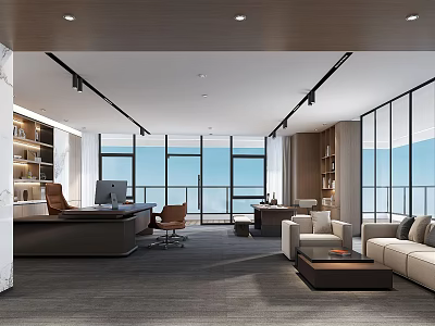 Modern Office Interior With Large Windows Executive Desk And Sofa Area 3d model