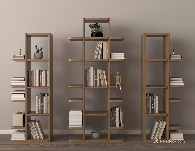 Minimalist Wooden Decorative Shelves With Books Small Potted Plants And Figurine For Home Decor 3d model 